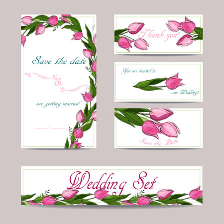 Set of wedding template decorate with flowers. Tulips. Vector illustration. Save the date cards. のイラスト素材