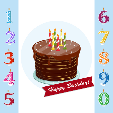 A set for a birthday party. Happy birthday cake with candles numbers for each year. Vector illustrationのイラスト素材
