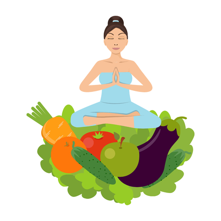 Vector illustration isolated on a background. Healthy eating concept. Woman yoga pose. のイラスト素材