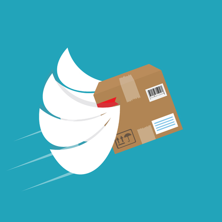 Fast delivery logo, banner. Parcel with wings flies in the sky. Vector illustrationのイラスト素材
