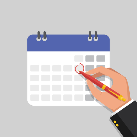 Businessman hand with pen marks on the calendar. Vector flat illustrationのイラスト素材