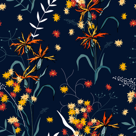 Trendy floral pattern. Isolated seamless pattern. Vintage background. Wallpaper.  Hand drawn. Vector illustration.のイラスト素材