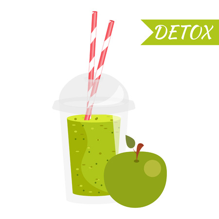 Cartoon smoothie in a transparent plastic glass. Vector illustration. Smoothie with apple flavour, take away. Healthy fresh juice fresh. のイラスト素材