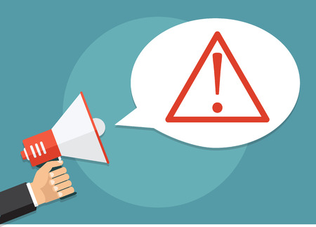 Hand holding a megaphone, flat design, promotion, social media marketing concept. Isolated on a background. Vector, eps10, illustrationのイラスト素材