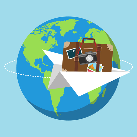 Vector illustration. Airplane flight, travelling around the world, concept of vacation trip. のイラスト素材