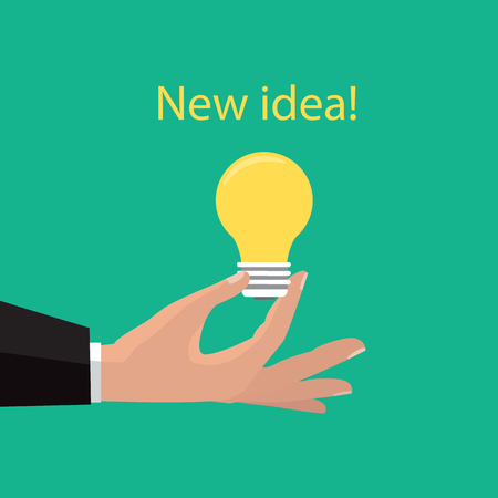 Pointing finger on bulb. Concept of big idea. Vector illustration in flat design. Isolated on background. のイラスト素材
