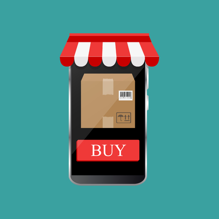 Order goods from smartphone, pay online, shipping concept. Flat design vector illustration. Hand holding smartphone with parcel.のイラスト素材