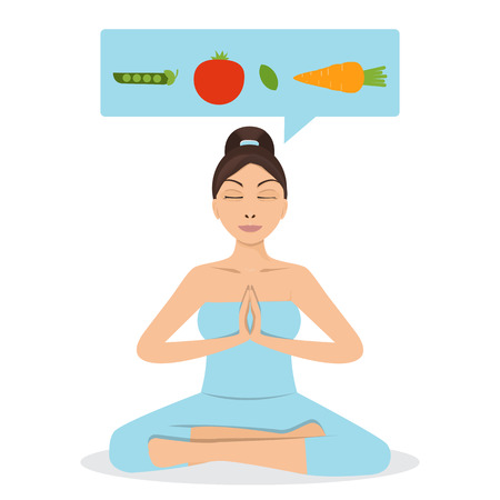 Healthy eating concept. Woman yoga pose. Vector illustration isolated on a backgroundのイラスト素材
