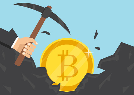 Cryptocurrency concept. Businessman mining bitcoins. Vector illustrationのイラスト素材