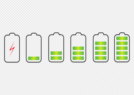 Battery charge state indicator icons. Set with different levels of charge phone's battery. Vector illustration.のイラスト素材