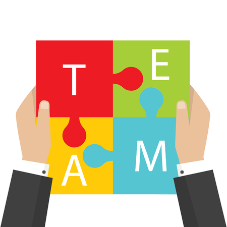 Business teamwork concept. Four businessman connecting puzzle. Vectorのイラスト素材