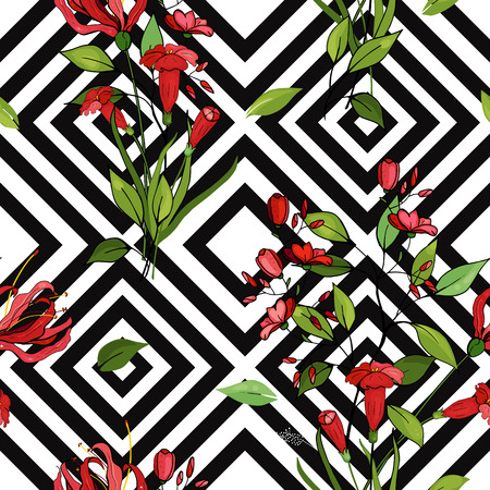 Blossom floral seamless pattern. Vintage background. Wallpaper. Blooming realistic isolated flowers. Hand drawn. Vector illustration.のイラスト素材