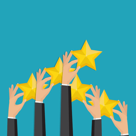 Customer feedback concept. Hand pointing rating golden stars. Feedback, icon. Vector Illustrationのイラスト素材