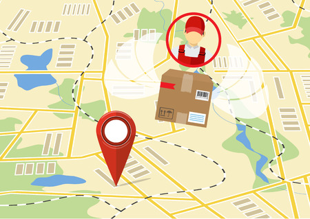 Courier delivery service. Courier icon and parcel box. Shipping concept. Vector illustrationのイラスト素材