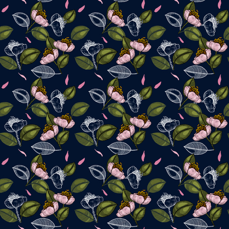 Blooming  Flowers. Realistic isolated seamless flower pattern. Vintage background. Wallpaper.  Hand drawn. Vector illustration.のイラスト素材