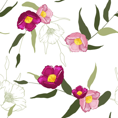 Tropical vector seamless flower and leaves pattern. Exotic background. Wallpaper. Blooming realistic isolated jungle plants, palm. Hand drawn bright illustration.のイラスト素材