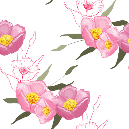 Blossom flowering seamless pattern painted by hand. Vintage background, wallpaper. Blooming realistic garden flowers. Handdrawn style. Vector illustration.のイラスト素材
