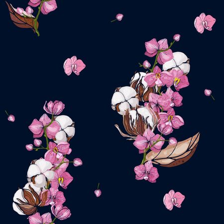 Trendy floral pattern with pink orchids and cotton flowers. Isolated seamless print. Vintage background.  Hand drawn vector illustration.のイラスト素材