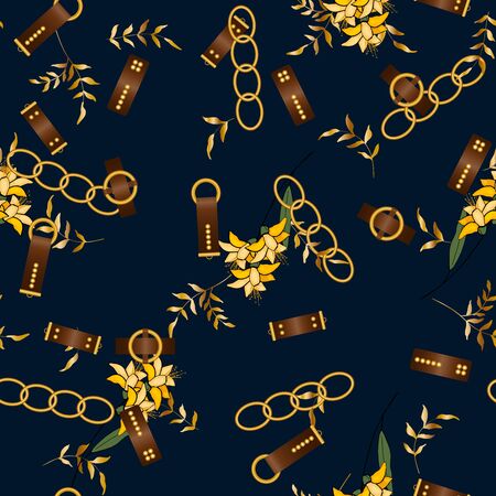 Ð¡hain seamless vector pattern on dark background with and fashion floral design.Vintage gold jewelry of necklace and rustic ropes, tassels and belts with leaves のイラスト素材