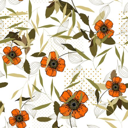 Bohemian garden with wild orange flowers and white daisies in hand drawn style. Vintage boho seamless pattern, bouquet decoration. Cute vector floral designのイラスト素材