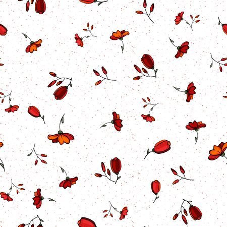 Nature terrazzo mosaic and floral background greenery seamless pattern in hand drawn style. Vector red, orange flowers with jungle tropical leaf. Botanical hipster, rustic print on chaotic stain, tile surface.のイラスト素材