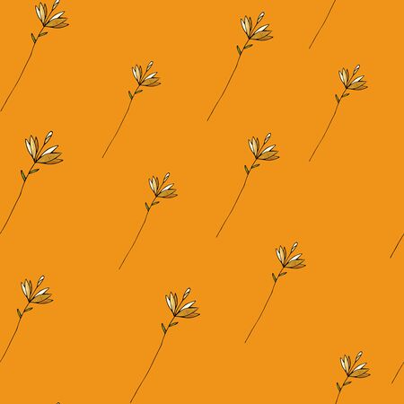 Bohemian garden with wild orange and yellow flowers in hand drawn style. Vintage boho seamless pattern, bouquet decoration. Cute vector floral designのイラスト素材