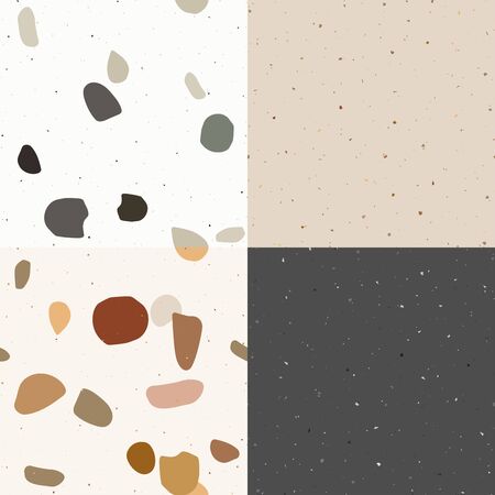 Black, green and pastel  terrazzo seamless pattern in modern style on white background. Flooring venetian wall. 
Abstract stone set print. Vector surface texture of granite, concrete, mosaic tile, pebbles, quartz shape.のイラスト素材