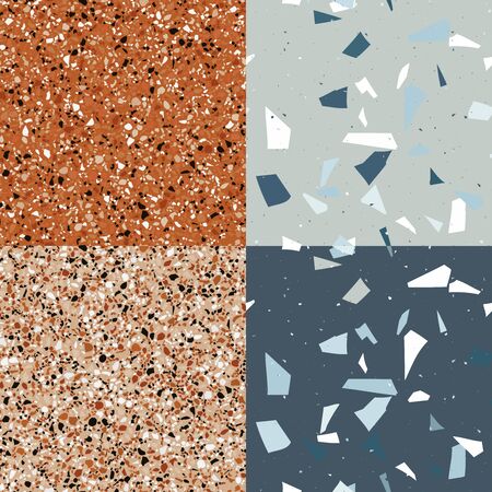 Orange and blue, grey terrazzo set seamless pattern in modern style on grey background. Flooring venetian wall. 
Abstract stone  print. Vector surface texture of granite, concrete, mosaic tile, brown pebbles, quartz shape.のイラスト素材