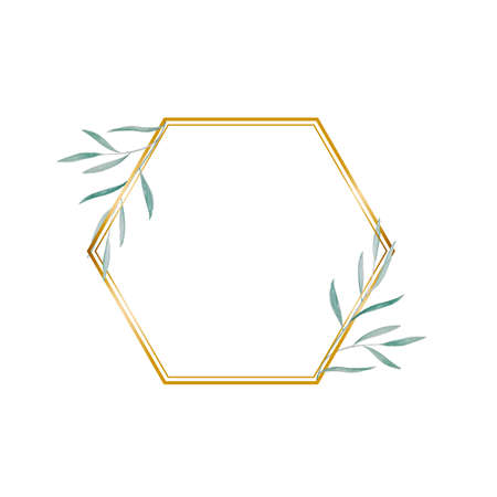 Boho greeting card template with watercolor green branch frame on white background and golden geometric shape for invitation wedding design. Floral hand drawing illustrationの写真素材