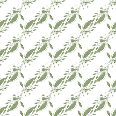 Abstract green leave or foliage on white background. Hand drawn elements brances in natural summer seamless pattern. Art decorative organic botany environment concept. Fresh garden vector illustrationのイラスト素材