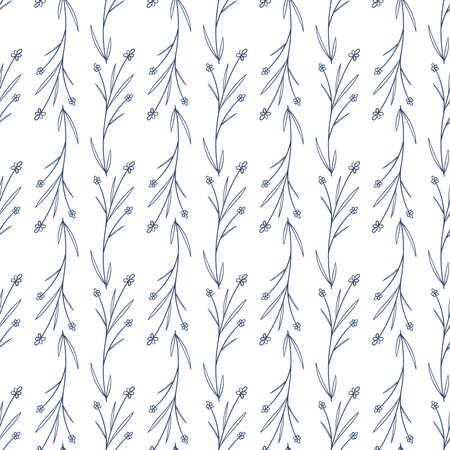 Rustic vintage blue leaves and hand sketched flowers seamless pattern on white background. Botanical vector illustration of painted small floral template and outline drawing elementsのイラスト素材