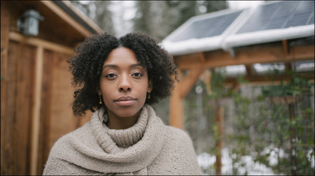 Young Afro American woman on a suburban street in front of a solar-paneled home. The visual showcases eco-friendly energy, off-grid lifestyle, and intimate outdoor comfort in winter scenery.の素材