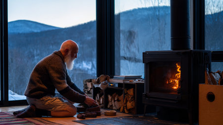 White-bearded man tends a small wood stove in a cozy off-grid cabin. Snowy hills visible through a large window create a peaceful atmosphere.の素材