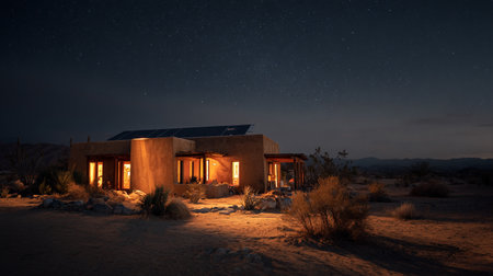 Night desert scene shows modern off-grid cabin with solar panels. Sleek architecture, solitude, and eco-living create cozy futuristic ambiance.の素材