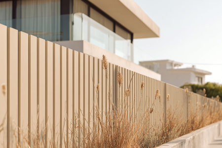 Minimalist wooden gate and fence with modern residential boundary wall and sleek architecture design.の素材