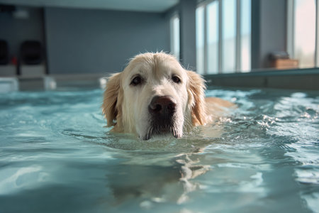 Pet French Bulldog fitness and therapy session in dog gym, water pool, treadmill, and veterinary-supported exercise for recovery.の素材