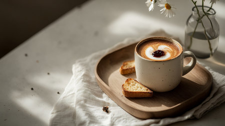 Cozy breakfast tray with coffee, tea, and crispy toast on morning table, sunrays creating a peaceful, restful start.の素材
