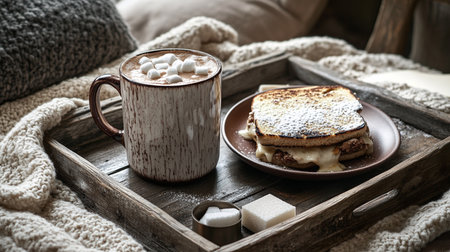 Lazy brunch with coffee cup and crunchy bread slices on breakfast table, natural sunlight highlighting calm and comfort.の素材
