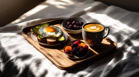 Breakfast with coffee, croissants, avocado, berries and eggs on the bedの素材
