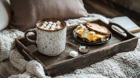 Lazy brunch with coffee cup and crunchy bread slices on breakfast table, natural sunlight highlighting calm and comfort.の素材
