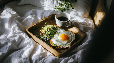 Lazy morning brunch on bedroom tray with poached eggs, omelette, and coffee, styled breakfast table with warm sunlight and comfort.の素材