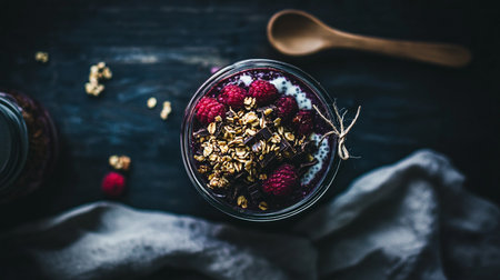 Healthy morning meal in jar, chia pudding with berries and nuts, macro food photo with empty space for text.の素材