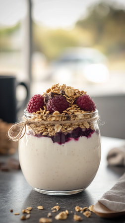 Gourmet layered breakfast jar, yogurt, seeds, and fruit arranged in structured tiers with clean copy space.の素材