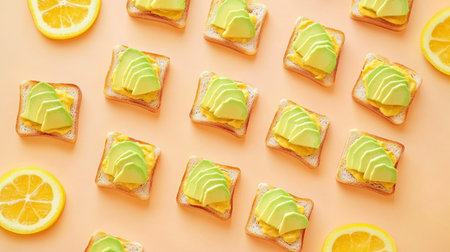Small-scale avocado toast bites, blush and peach tones, arranged in overhead flat lay for light and cozy brunch.の素材