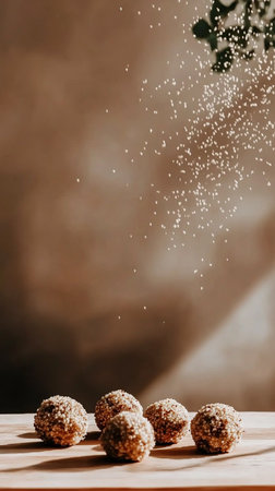 Small, compact, wholesome grain snack with sprouts, plant-based ingredients, fiber-rich, micro portion, floating, with shadow and copy space.の素材