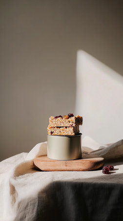Mini grain snack bars with almonds, walnuts, cashews, seeds, and sprouts, crispy, crunchy, nutritious, photographed with negative space.の素材