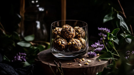 Mini grain snack ball with cereal flakes, nuts, seeds, and sprouts, crispy and crunchy finger food, wholesome nutrition with natural vitality.の素材