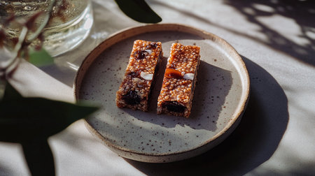 Compact mini cereal snack bars with nuts, seeds, and sprouts, crispy texture, flat lay photo emphasizing balance, comfort, and vitality.の素材