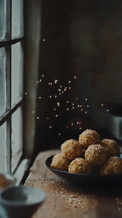 Small compact finger food balls with cereal flakes, protein-rich nuts and seeds, wholesome, floating above surface, emphasizing vitality.の素材