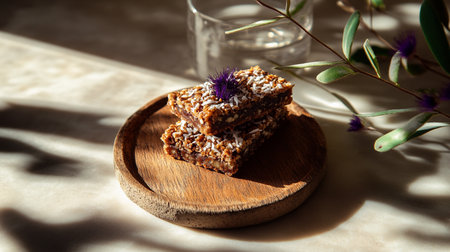Compact mini cereal snack bars with nuts, seeds, and sprouts, crispy texture, flat lay photo emphasizing balance, comfort, and vitality.の素材